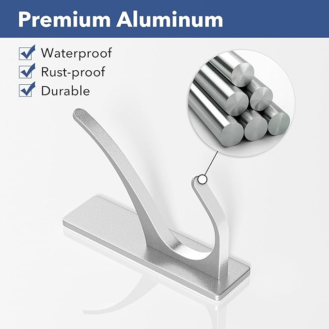pickpiff Silver Self Adhesive Coat Hooks for Hanging: 13LB Extra Strong Stainless Wall Hook for Towel, Utensil, Backpack, Hat, Sturdy Metal Hanger for Bathroom, Kitchen, Door, 4-Pack