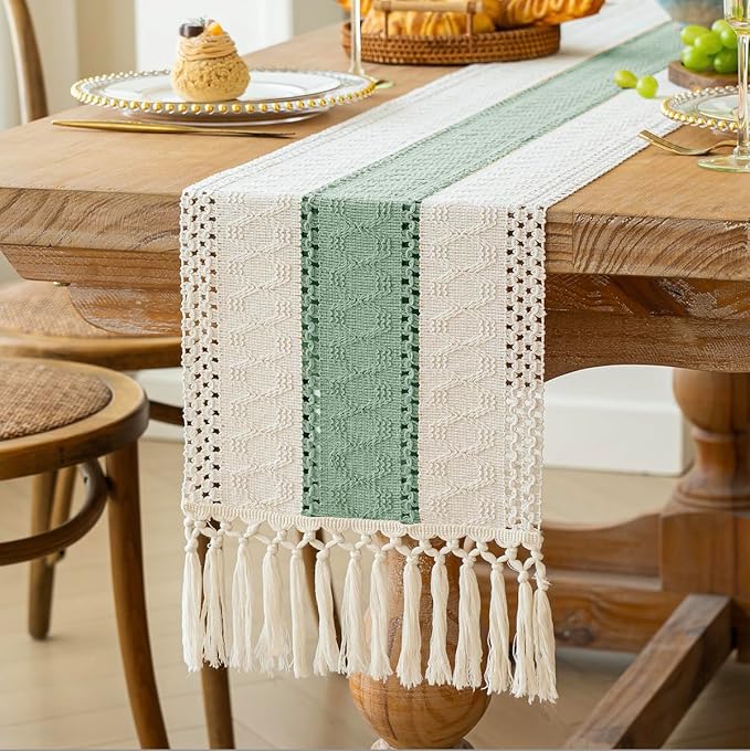 FEXIA Boho Table Runner for Home Decor with Tassels 60 Inches Long,Sage Green Farmhouse Rustic Table Runner Macrame Burlap Table Decoration for Living Room Bridal Shower(12x60 Inches)