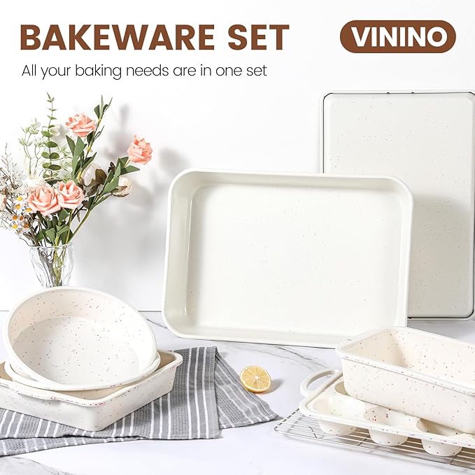 Vinino 8-Piece Baking Pans Set Nonstick, Bakeware Set includes Silicone Muffin, Loaf, Cake Pans with Metal Reinforced Frame, and Carbon Steel Roasting Pan, Cookie Sheet, Cooling rack for Oven-Cream