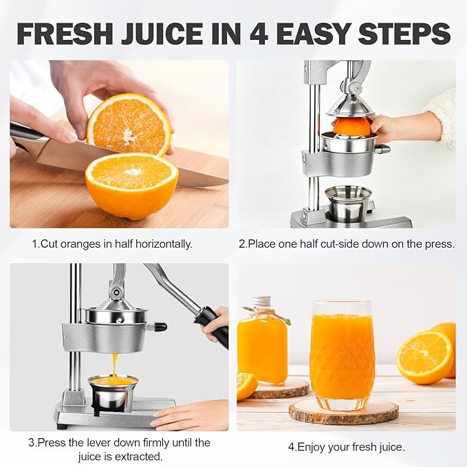 Manual Citrus Juicer, Hand Press Lemon Squeezer - Heavy Duty Cast Iron Juicer Press with Stainless Steel Cone, Efficient for Orange Lime Lemon, Easy to Clean GRAY
