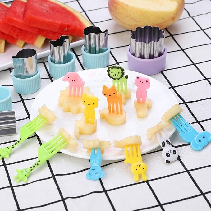 Vegetable Cutters Shapes Set, 20pcs Stainless Steel Mini Cookie Cutters, Vegetable Cutter and Fruit Stamps Mold + 20pcs Cute Cartoon Animals Food Picks and Forks -for Kids Baking and Food Supplement