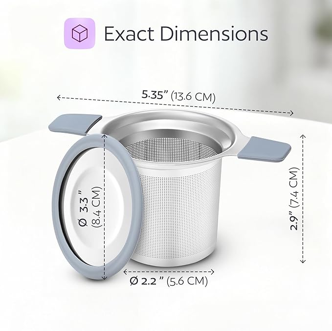 Stainless Steel Tea Infuser for Loose Leaf Tea – Extra Fine Mesh Strainer with Heat Proof Double Handles & Lid, Reusable Filter Fits Mugs, Cups & Teapots, Gray