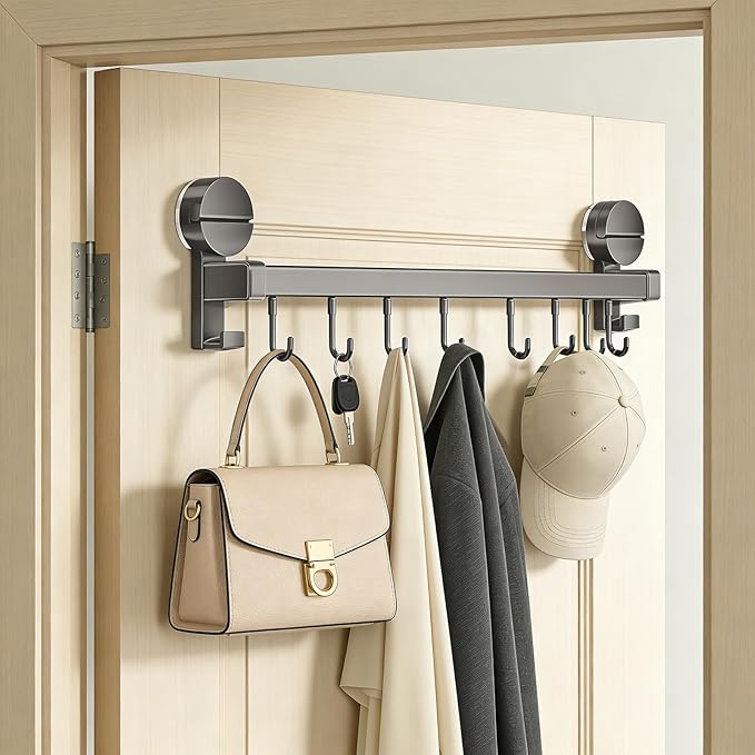 Wall Mounted Utensil Hook Rack with 8 Hooks, No Drill Installation, Space Gray Finish, Kitchen Organizer for Coats, Bags, and Accessories，Suction Cup Storage (1Pack)