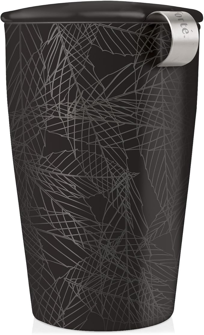 Tea Forte Double-Walled Ceramic Kati Cup, Removable Stainless Steel Infuser Basket and Lid, Steeps 12 oz Loose Leaf Tea, Dishwasher & Microwave Safe, Gifts for Mom, Noir