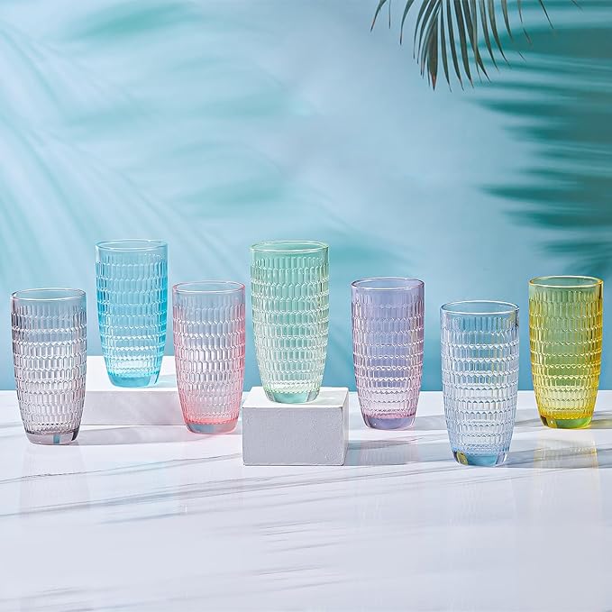 CREATIVELAND Highball Beverage Glasses Set of 6 Romantic Colored Thick & Heavy Base Big Capacity 14.87oz|440ml, Drinking Glass Tumblers for Iced Tea, Water, Soda & Juice and Cocktails