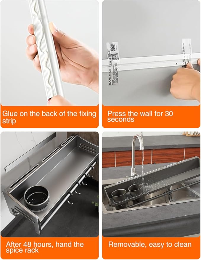 utensil hanger, wall mounted kitchen rail with hooks, waterproof hooks for kitchen utensils, easy installation without drilling (19.7 inches, Cup, 1)