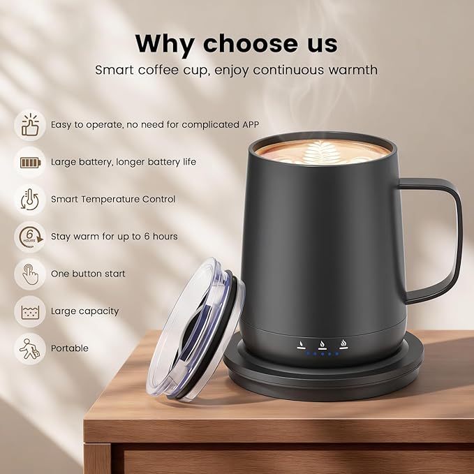 Smart Self Heating Coffee Mug,14oz Temperature Control Coffee Mug,Hot up to 150°F,Rechargeable Heated Coffee Mug,Up to 6H Battery Life,Coffee Cup Warmer,Great Gift for Coffee Lovers,Dad,Mom (Black)