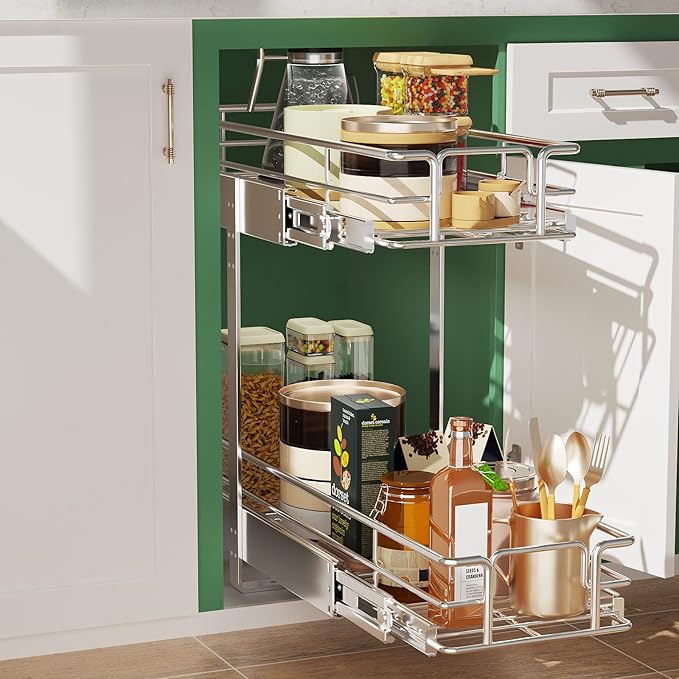 LOVMOR 2 Tier Individual Pull Out Cabinet Organizer 7½" W x 21½" D, Slide Out Kitchen Cabinet Storage Sliding Shelves