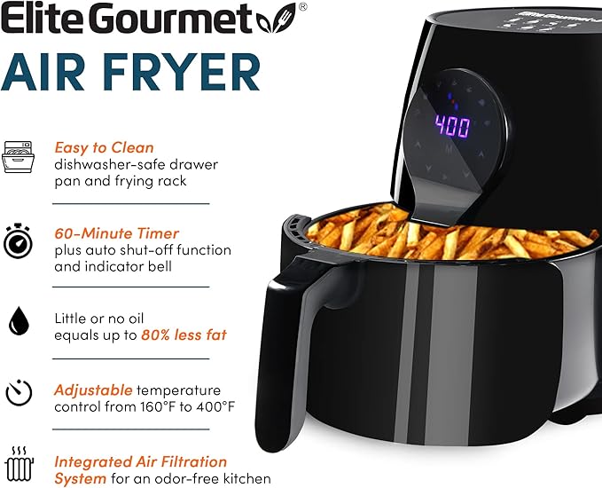 Elite Gourmet EAF5317D Digital 5.3Qt Hot Air Fryer 7 Menu Functions 1350W Oil-Less Healthy Cooker, Timer & Temperature Controls, PFOA/PTFE Free, Black