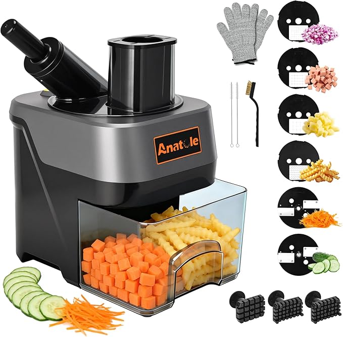Anatole 6-In-1 Electric Commercial Food Processor Multifunctional Vegetable Chopper Dicer Slicer Shredder Crinkle Cutter Automatic Discharge 2 Food Inlets With Container for Potato Onion 100W 110V