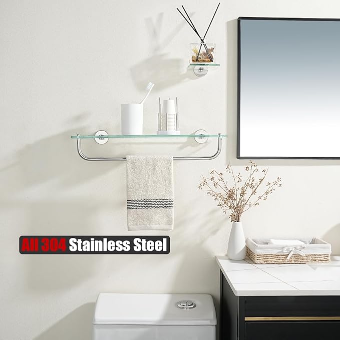 JQK Bathroom Glass Shelf, Shelf with 19 Inch Towel Bar Tempered Glass Shower Storage 20 by 5 inches, 304 Stainless Steel Brushed Finish Wall Mount, TGS100L20-BN
