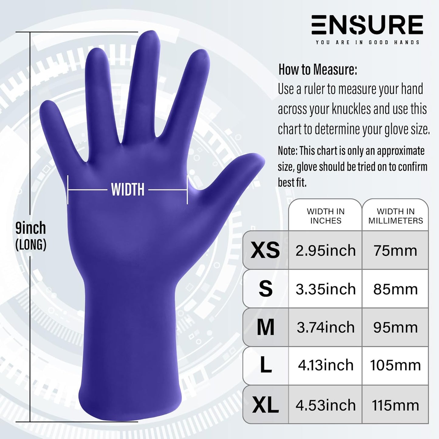 EnSure Nitrile Exam Gloves, Powder-Free, Latex-Free, Chemo Rated, Non-Sterile, Light Duty, Textured Tips, Medical, Surgical, Food Safe, Cleaning, Dental, Lab Use - 3 Mil (X-Large, 200 Count)