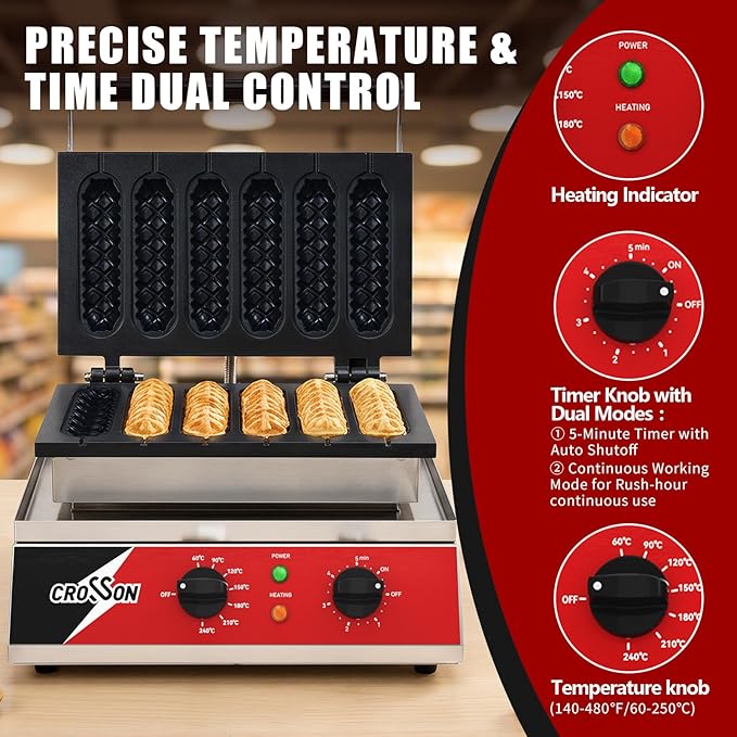 CROSSON Commercial 6PCS Waffle Stick Maker, Non-Stick Triple-Layer Coating Corn Hot Dog Waffle Iron W/ 140-480℉ Temp Range and 5 Minutes Timer, Machine for Restaurant Bakery Snack Bar-120V/1600W