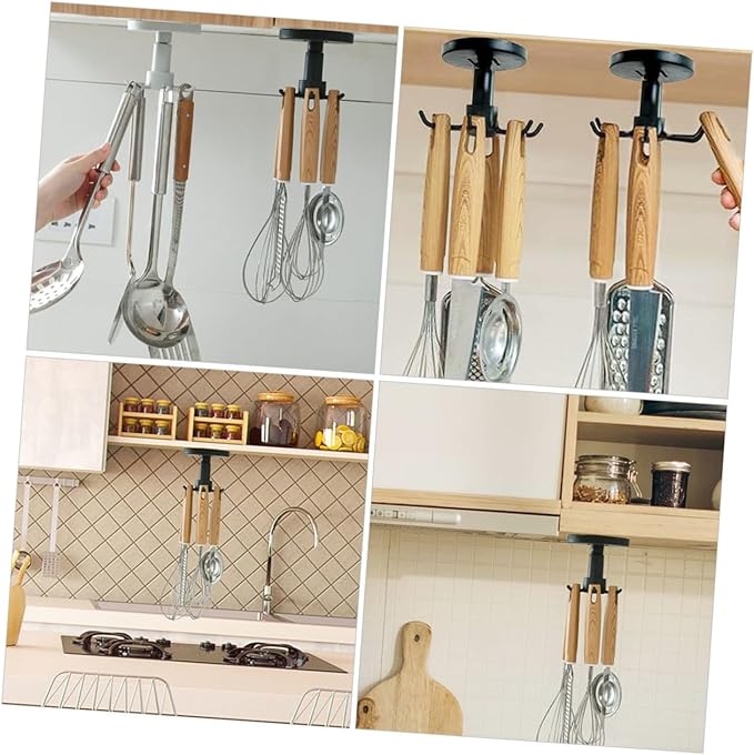 Luxshiny 3pcs Kitchen Utensil Hooks Wall Mount Rotating Storage Organizer Set Black Top Hanging Hooks for Kitchen Cabinets and Cooking Utensils