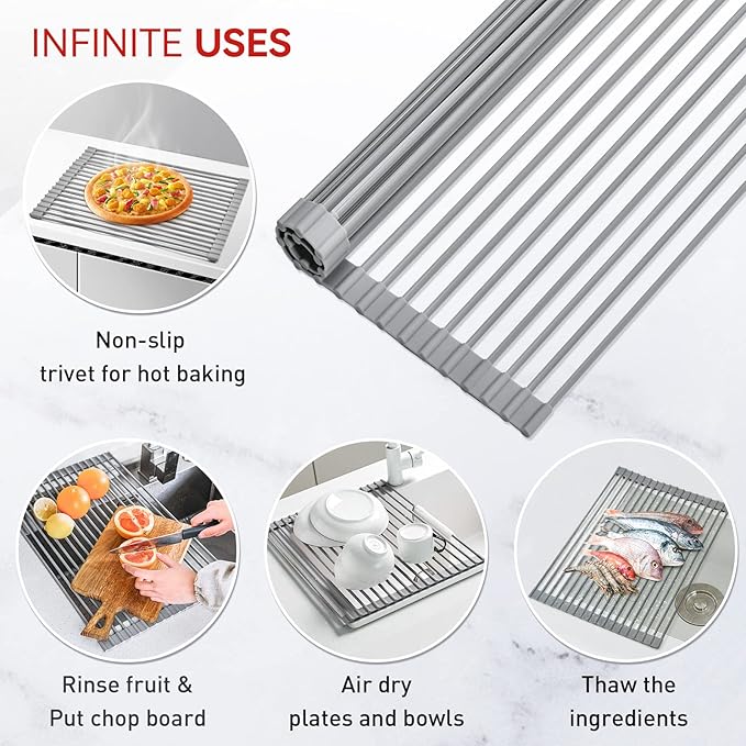 MERRYBOX Roll Up Dish Drying Rack, Over The Sink Dish Rack Foldable, Heat-Resistant, Anti-Slip Silicone Coated Dish Drainer for Kitchen Counter, Large & Multipurpose Sink Drying Rack, 20.5" x 13.1"