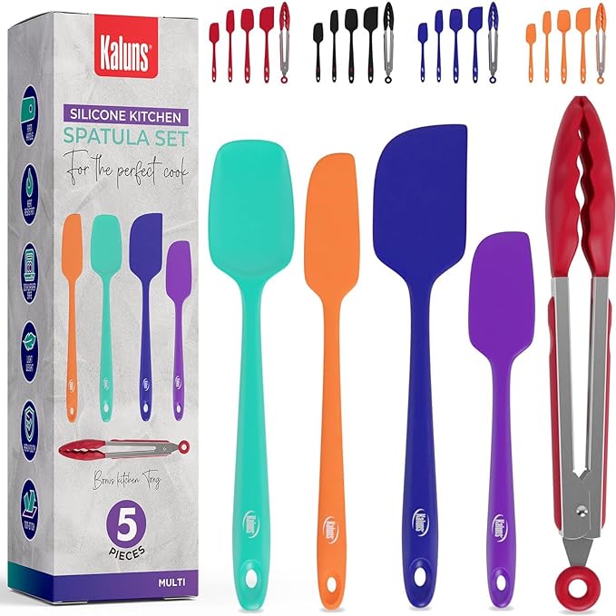 Kaluns Silicone Spatula Set, 4 Rubber Spatulas 600°F Heat Resistant, Nonstick Seamless Design with Stainless Steel Core, Dishwasher Safe, BPA free, Bonus Tongs Included