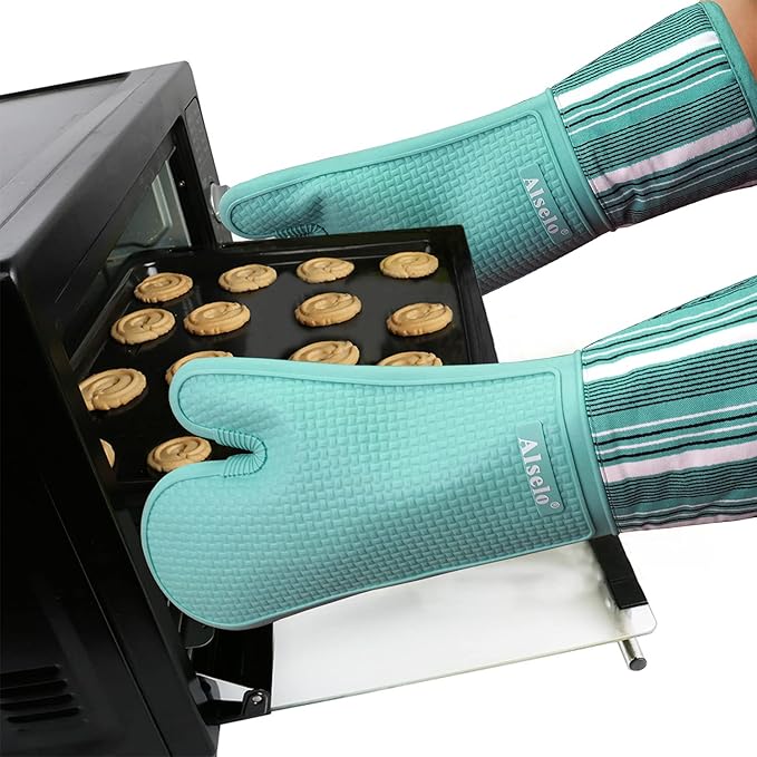 Alselo Silicone Oven Mitts Heat Resistant 550 Degree Extra Long Kitchen Gloves Pot Holders with Waterproof and Non-Silp for Baking Cooking Barbecue Microwave Machine Washable (Extra Long Blue, 2)