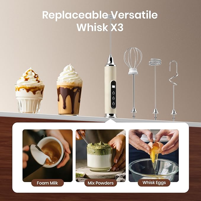YUSWKO Milk Frother Wand for Coffee, Handheld Coffee Frother, Rechargeable Drink Mixer, Waterproof Electric Whisk, Beige