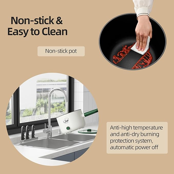 Electric Hot Pot with Steamer, Portable Nonstick Frying Pan with Dual Power Control, Electric Shabu Shabu Cooker for Noodle, Oatmeal, Pasta, Ramen, 1.5L (Green D)