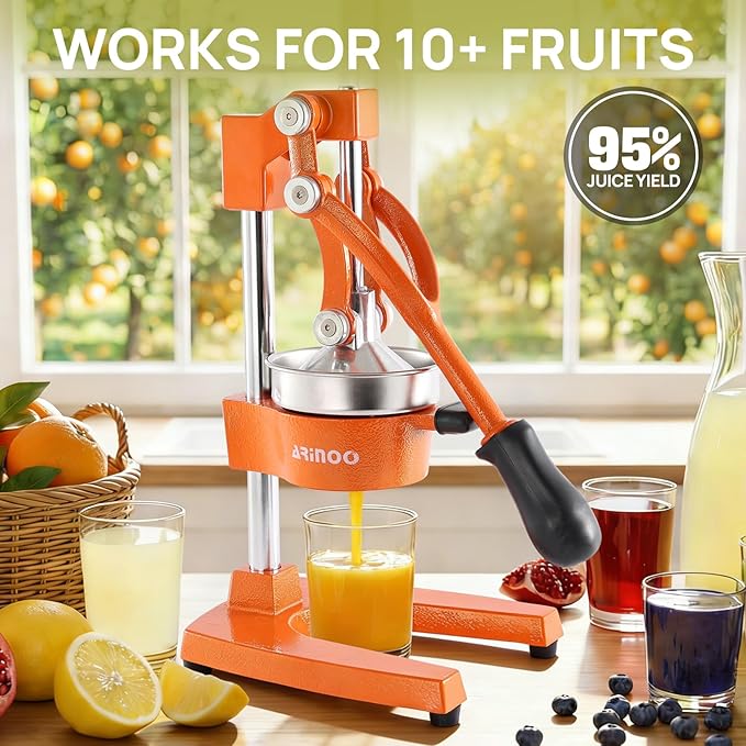 Kitchen Cast Iron Citrus Juicer,Manual Hand Press Orange Juicer,Heavy Duty Countertop Squeezer for Lemon,Orange, Easy to Use & Clean（Orange)