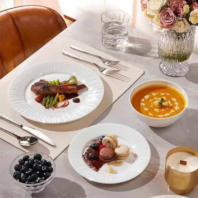 KINGSTONE Bone China Dinnerware Set, 12-Piece White Lightweight Porcelain with Textured Design Service for 4, Plates, Bowls, for Family Dining, Restaurants, Gifting, Microwave and Dishwasher Safe
