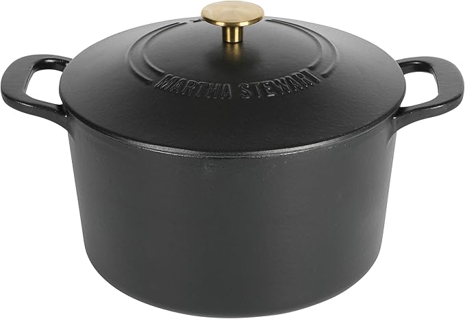 MARTHA STEWART Gatwick 7-Quart Enamel Cast Iron Dutch Oven Pot with Lid – Matte Black – Durable Heavy-Duty Dutch Oven for Slow Cooking, Braising & Baking