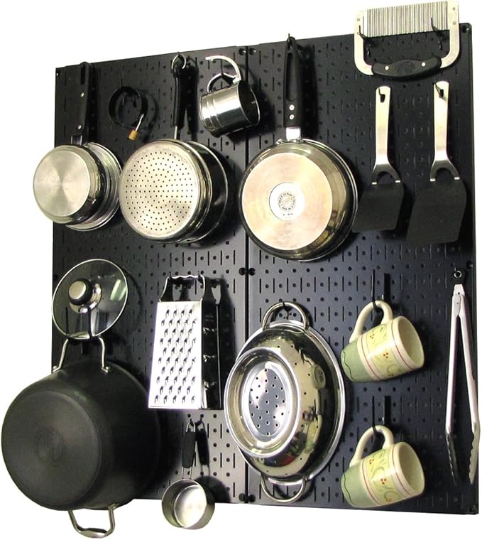 Wall Control Kitchen Pegboard Organizer Pots and Pans Storage Rack Organization Kit with Black Pegboard and Black Accessories