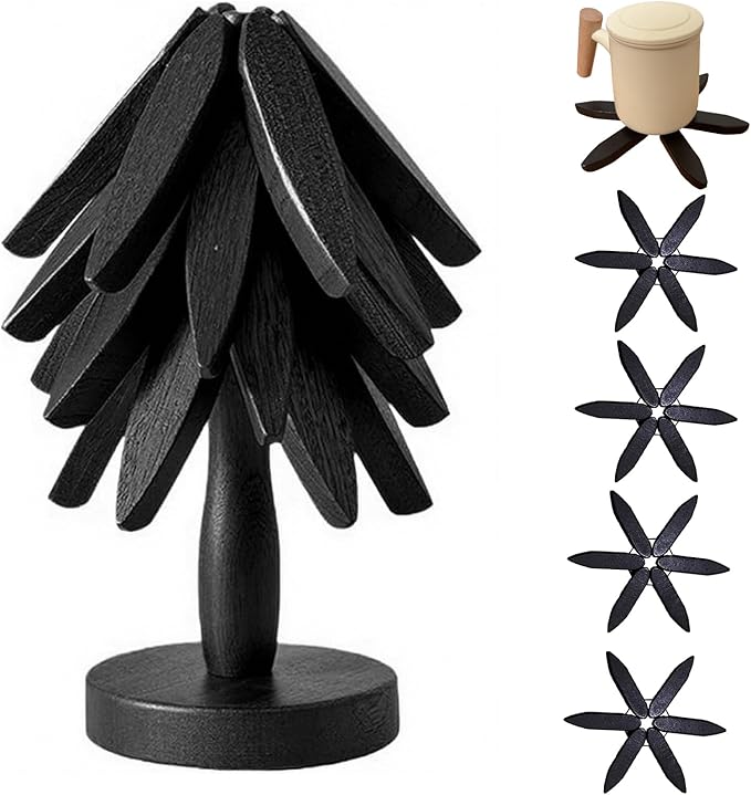 Natural Foldable Black Walnut Wooden Trivet Set - 4 Trivets + 1 Stand for Hot Dishes, Pot, Bowl, Teapot, Hot Pot Holders (Black)