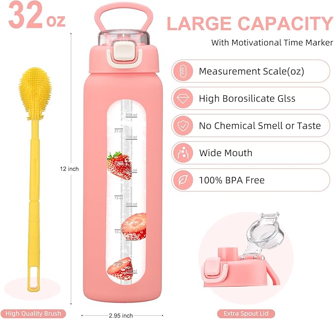 chunmo 32 oz Glass Water Bottles with 2 Lids-Handle Spout Lid & Straw Lid, 1 Liter Motivational Borosilicate Water Bottle with Time Marker and Silicone Sleeve,Leakproof-Pink-1 Pack