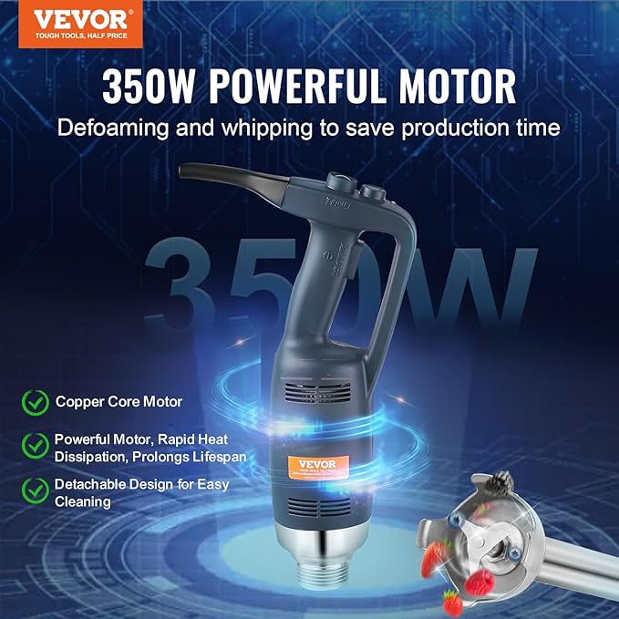 VEVOR Commercial Immersion Blender, 350W Heavy Duty Hand Mixer, 16 inch Stepless Variable Speed Mixer with Stainless Steel Blade, Multi-Purpose Portable Mixer for Soup, Sauces, Mashed Potatoes, Cream