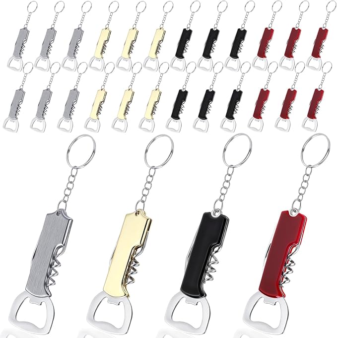 Ziliny 24 Pcs Bottle Opener Keychain Bulk Wine Bottle Beer Opener Keychain 3.27" Stainless Steel Corkscrew Waiter Corkscrew Wine Keyring Gifts for Christmas Bar Party Wedding Home (Mix Color)