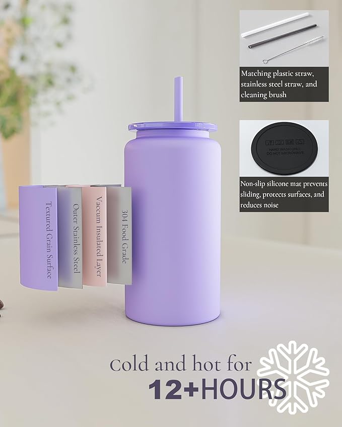 16oz Glass Cups With Lids and Straws, Stainless Steel Beer and Iced Coffee Cup, Smoothie Drinking Cup, Purple (Textured Matte Finish, Not Sublimatable)