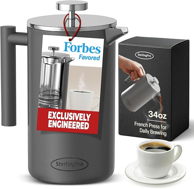 SterlingPro Stainless Steel French Press Coffee Maker 1 L (34 oz) Grey – Double Walled Insulated Large Coffee Press, Durable Design Keeps Drinks Hot, Easy to Use and Clean for Rich Flavor Brewing