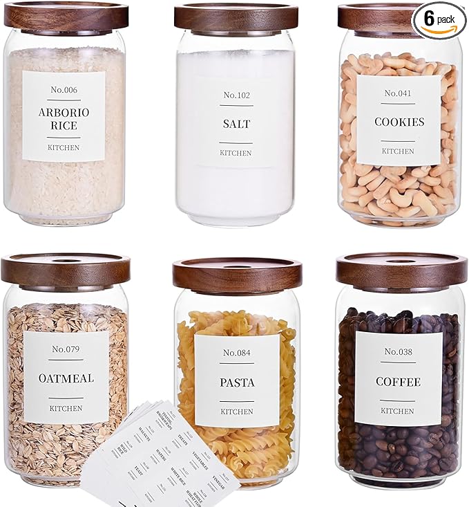 Tzerotone Glass Pantry Storage Jars with Acacia Airtight Lid, 25oz Clear Kitchen Canisters with Wood Lid, 6 Set with 132 Labels for Tea, Sugar, Spice, Herbs