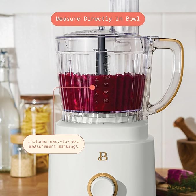Beautiful by Drew Barrymore 10-Cup Food Processor, 500-Watts, Variable Speed, Pulse, 3" Wide Feed Tube, Stainless Steel Blades, Dishwasher Safe, Large Bowl, Accessories Included (White Icing)