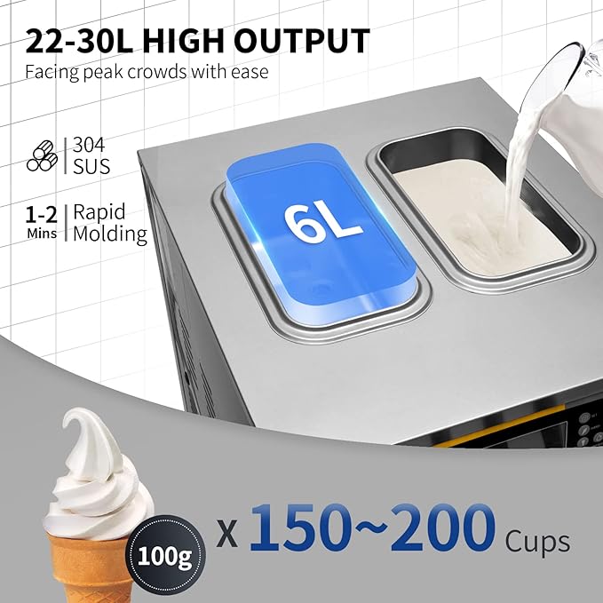 VEVOR Commercial Ice Cream Maker, 22-30L/H Yield, Countertop Soft Serve Machine with 2x6L Hopper 2L Cylinder LCD Panel Puffing Shortage Alarm, Frozen Yogurt Maker for Restaurant Snack Bar