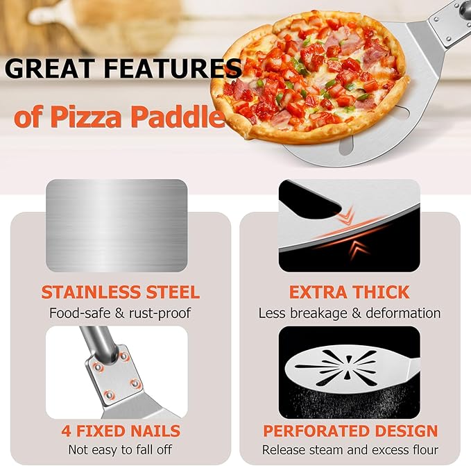 8 Inch Pizza Peel Turning, Joyfair Perforated Pizza Turner with Long Detachable Handle, Stainless Steel Spatula Paddle for Rotating Sliding, Metal Tools Oven Accessories, Easy Cleanup (Painted Handle)