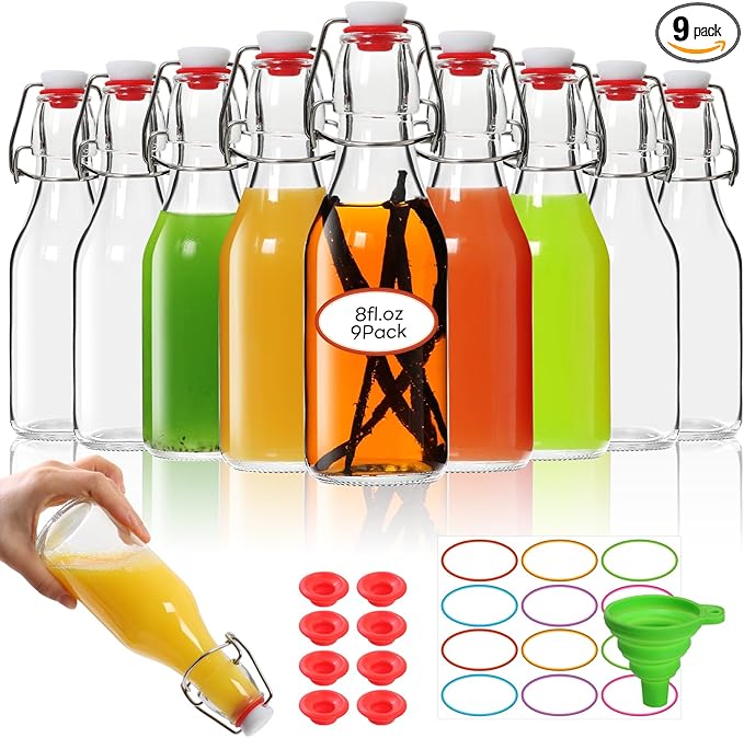 AuroTrends 8 oz Swing Top Glass Bottles with Lids 9 Pack- Airtight Flip Top Glass Bottles for Vanilla Extract, Home Brewing, Beverages, Oil & More