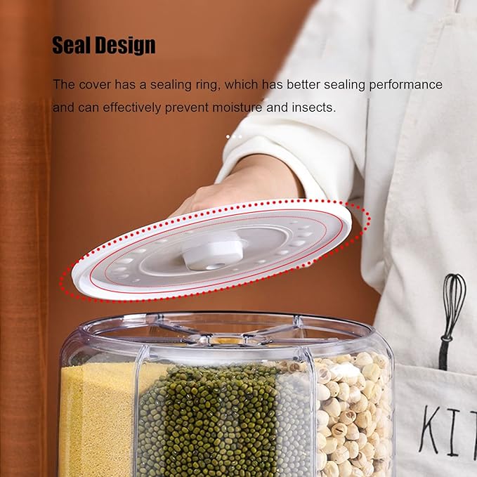 XIYAO 20Lbs large Grain dispenser 360°Rotating Rice Food Dispenser 6 Grids rice container rotatable Beans Containers Storage with Sealed lid for Peanut Barley Millet and Cereal