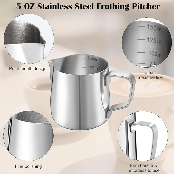 Honeydak 9 Pcs Milk Frothing Pitcher 304 Stainless Steel Steaming Pitchers for Coffee Bar Cappuccino Barista Tools Milk Jug Steamer Frother Cup (5 oz,Silver)