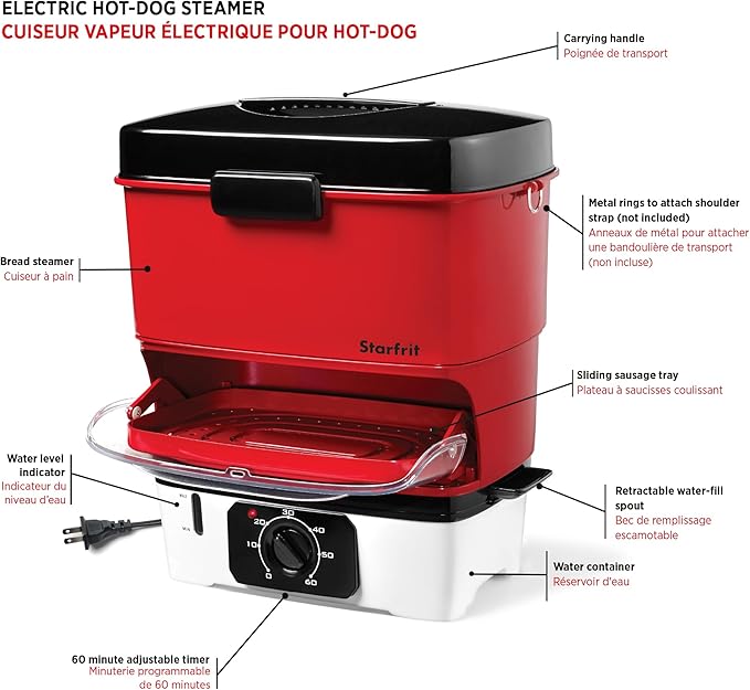 Starfrit Electric Hot Dog Steamer - Steams up to 12 Hot-Dogs - Nestable Components for Easy Storage