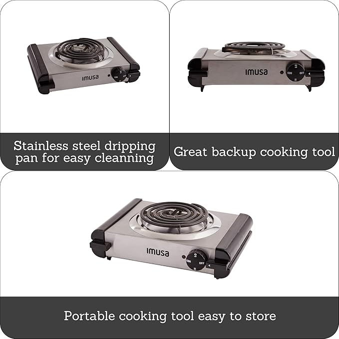 IMUSA USA GAU-80311 Electric Single Burner 1000-Watts, Stainless Steel, Silver