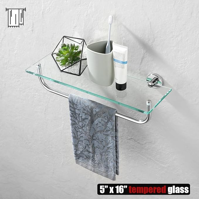 JQK Bathroom Glass Shelf Polished Chome, Shelf with 15 Inch Towel Bar Tempered Glass Shower Storage 16 by 5 inches, 304 Stainless Steel Silver Finish Wall Mount, TGS100-CH