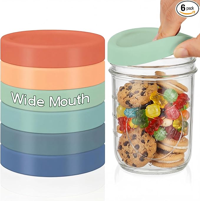 Teenyyou 6 Pcs Silicone Wide Mouth Lieds for Mason Jar Thickened Leakproof Lid for 70 mm All Wide Mouth Mason Jars, Reusable Large Canning Jar Caps Christmas Housewarming Gift (Vintage Color)