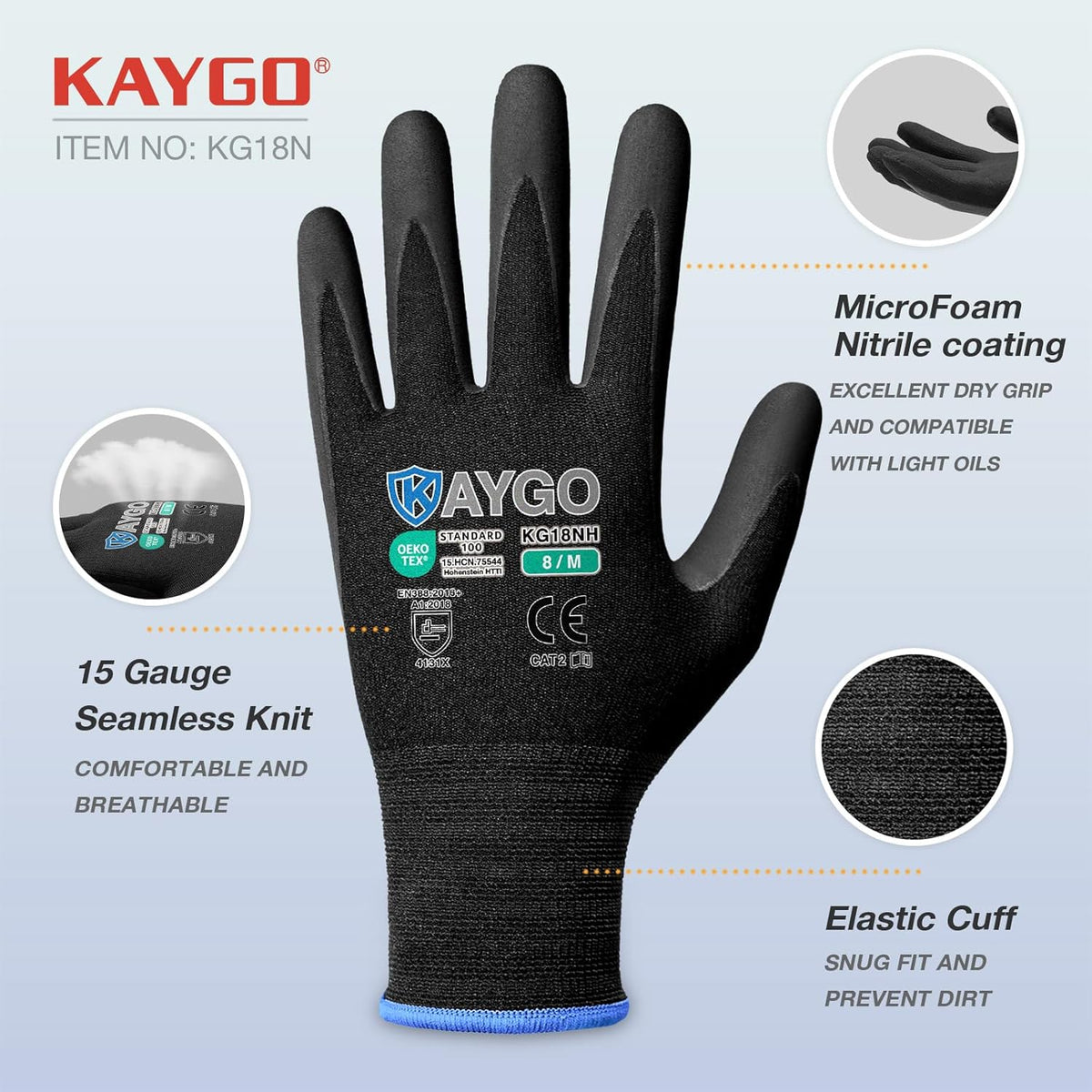 KAYGO Safety Work Gloves MicroFoam Nitrile Coated, 12 Pairs KG18NB,Seamless Knit Nylon Glove with full fingers Touchscreen, Ideal for Automotive,Warehouse,Construction (2XL, Black)