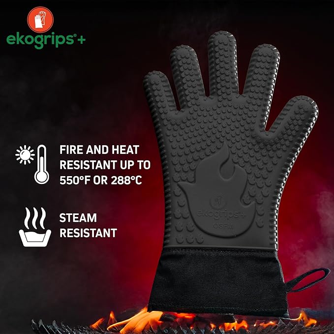 Ekogrips+ Premium Silicone Oven Mitts - Comfy, Waterproof, Heat Resistant BBQ Gloves for Grilling, Long Cuff for Added Protection, 5 Finger Dexterity, 3 Sizes, 4 Colors, S/M, Black