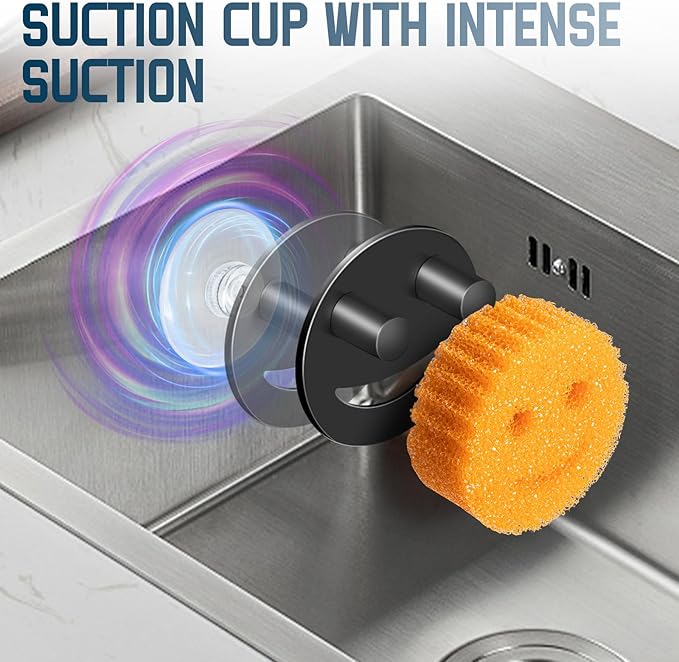 Stainless Steel Smiley Face Sponge Holder, Silver Sink Caddy Organizer Storage with Suction Cup for Kitchen, Kitchen Accessories Decor Scrubber-Black