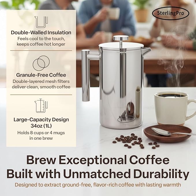 SterlingPro Stainless Steel French Press Coffee Maker 1 L (34 oz) Mirror – Double Walled Insulated Large Coffee Press, Durable Design Keeps Drinks Hot, Easy to Use and Clean for Rich Flavor Brewing