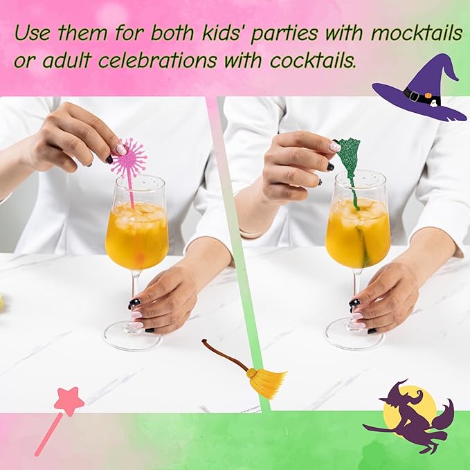 20 Pack Pink and Green Party Decrations, Princess and Witch Party Accessories, Green Witch Broomstick and Glitter Pink Princess Wand Cocktail Stir Sticks for Themed Parties (Drink Stirrers)