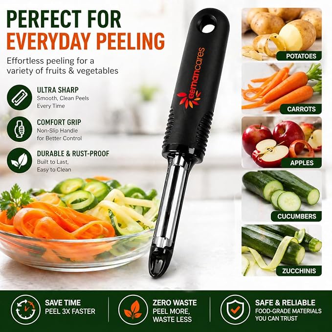Vegetable Peeler Set – Ultra Sharp Stainless Steel I Peeler for Potatoes, Carrots, Apples – Ergonomic Non-Slip Handle, Smooth Swivel Blade, Kitchen Fruit & Veggie Peeler – Eman Cares